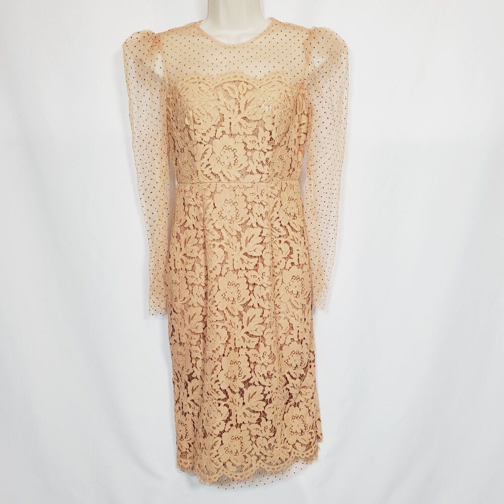 NWT Azure Clothing Women’s Lace Midi Dress Medium Brown Sheer Puff Sleeve